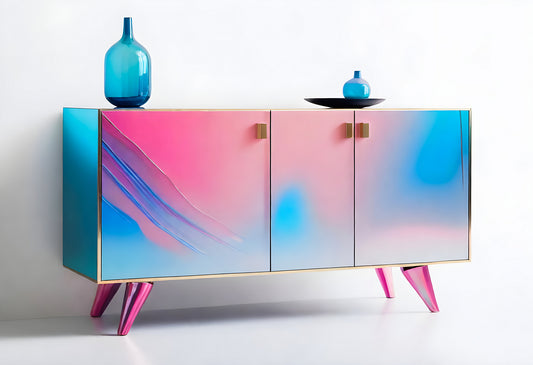 Stylish modern cabinet featuring a gradient design in pink and blue with unique legs and decorative items on top