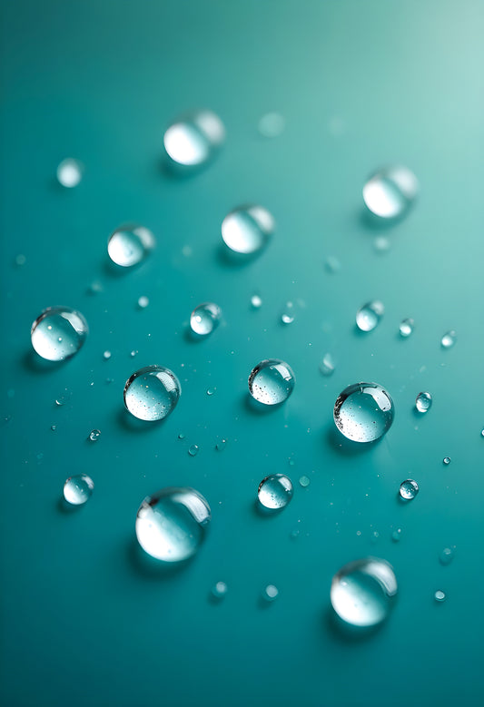 Water droplets on a thin surface with a blurred turquoise background amidst soft light reflections. Generative AI