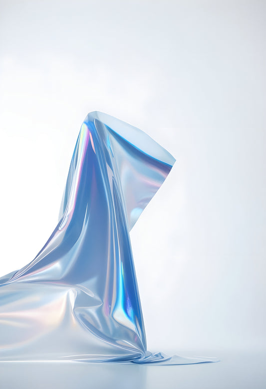 Iridescent plastic sheet drapes gracefully against a minimalistic white background in a soft, artistic arrangement