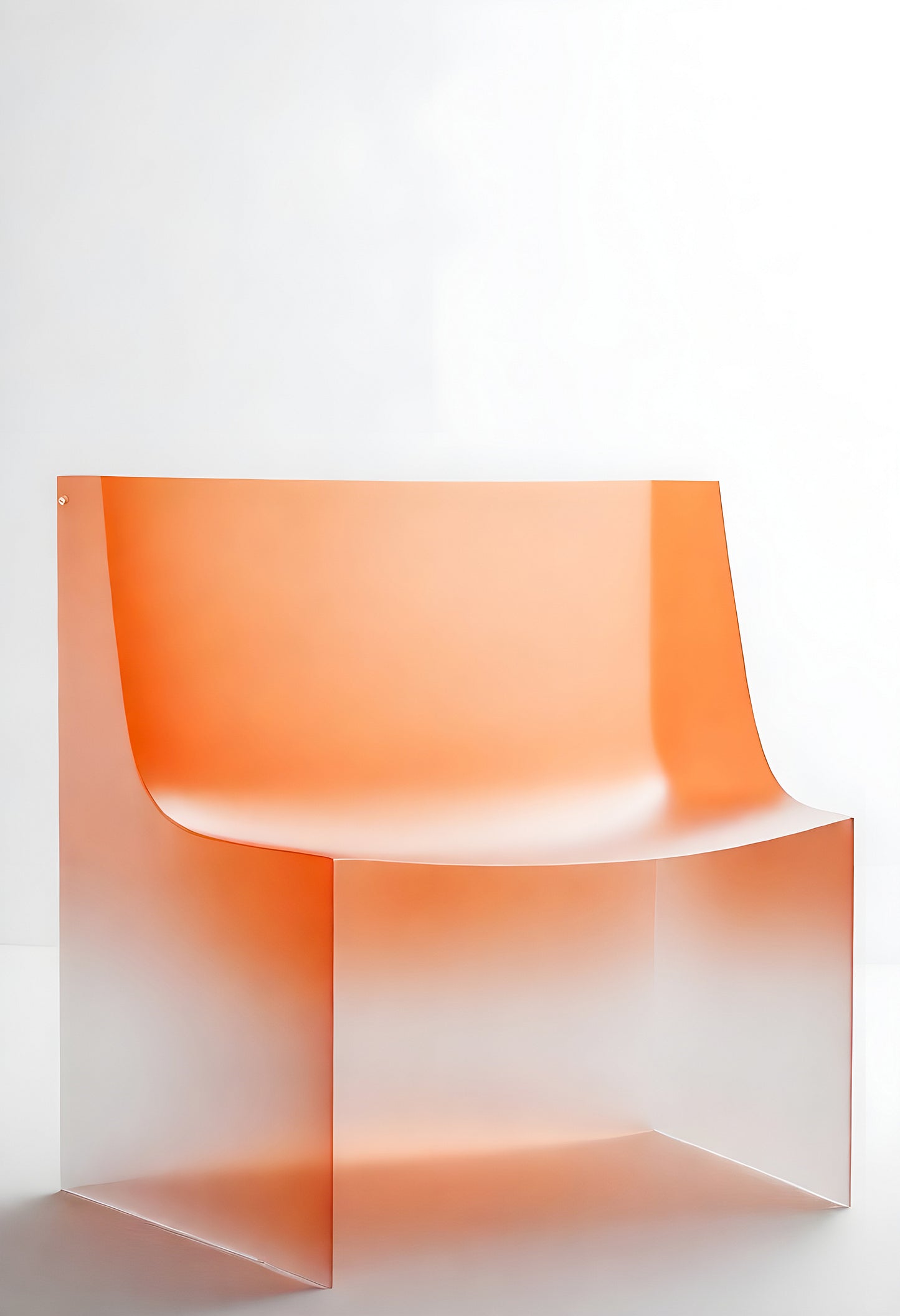 Transparent chair with bold orange hue displayed against a minimalist white backdrop in a modern setting