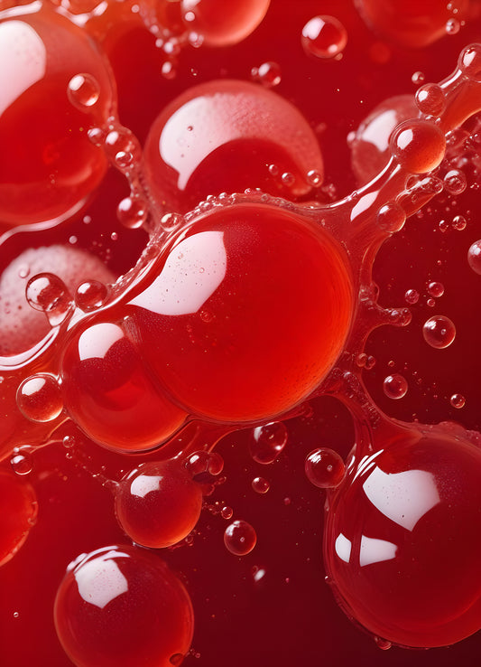 Abstract close-up of red liquid with bubbles and droplets, showcasing the interplay of colors and textures in a vibrant manner. Generative AI