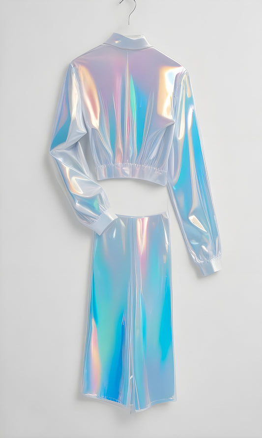 Stylish iridescent two-piece outfit hanging against a plain backdrop in a well-lit setting