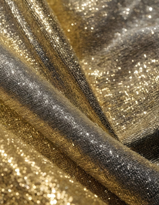 Sparkling golden fabric draping gracefully under soft light during a creative textile project