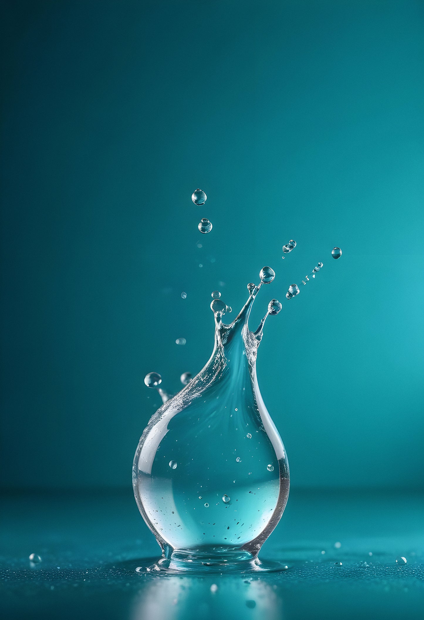 Water splashes dramatically from a glass vessel against a vibrant teal backdrop in a creative still life composition