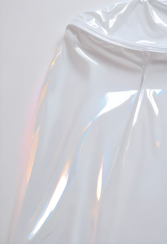 A close-up view of a shiny, iridescent fabric hanging against a light background, capturing the play of colors and textures