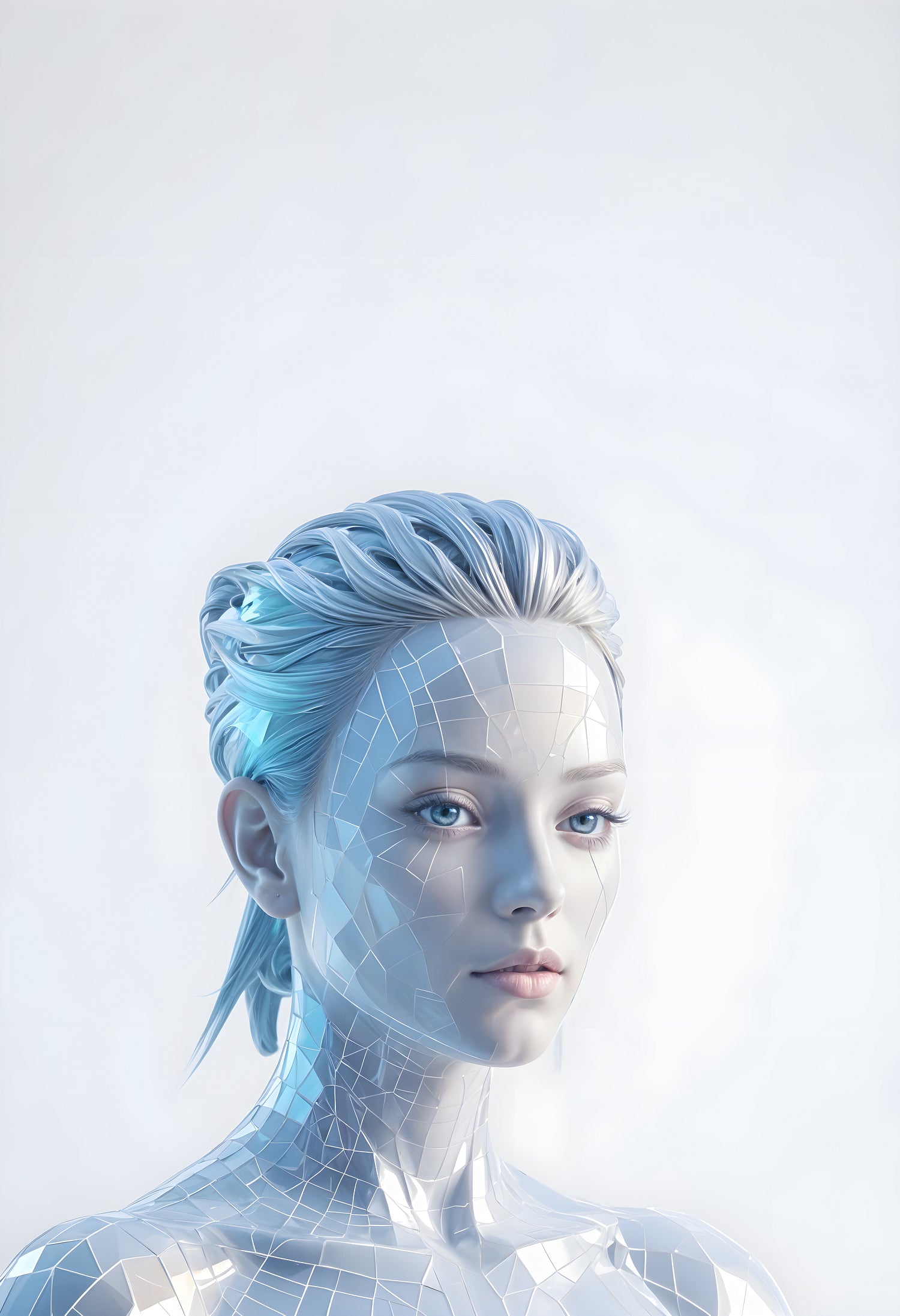 A futuristic, translucent humanoid figure with geometric patterns displayed against a minimalist background in an artistic studio setting