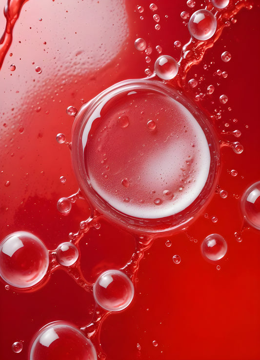 Abstract close-up of red liquid with bubbles and droplets, showcasing the interplay of colors and textures in a vibrant manner. Generative AI