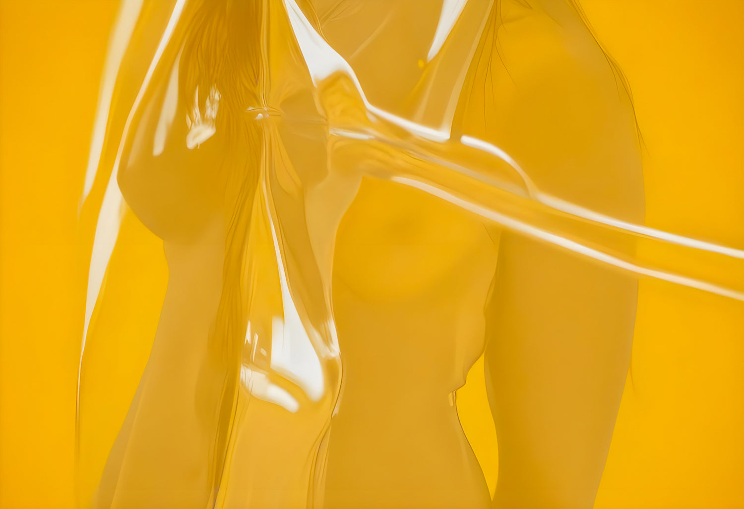 A woman partially obscured by transparent material against a vibrant yellow background during a creative studio session