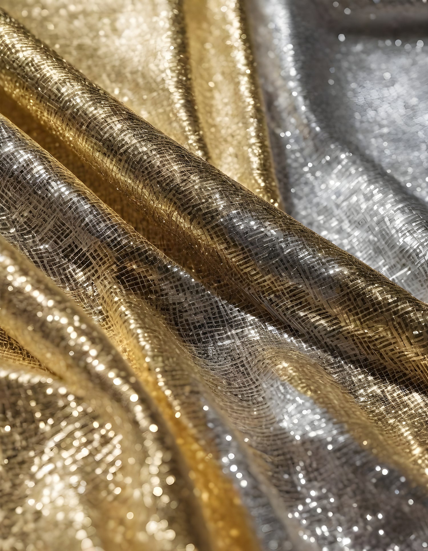 Shimmering gold and silver fabrics layered together in a luxurious arrangement during daylight