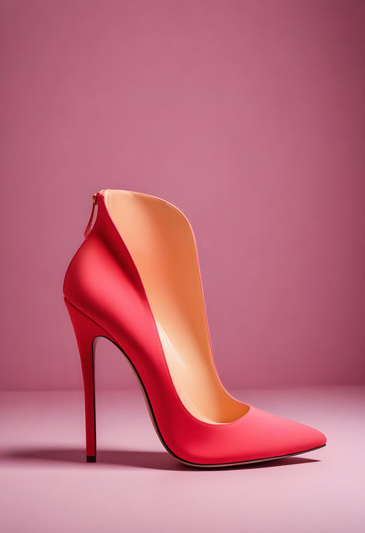 Elegant red high heel with a sleek design showcased against a soft pink background for a fashion-focused setting