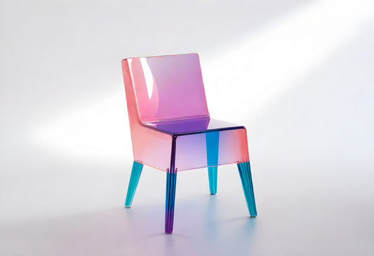 Modern transparent chair featuring a colorful gradient design in a bright studio setting with subtle lighting