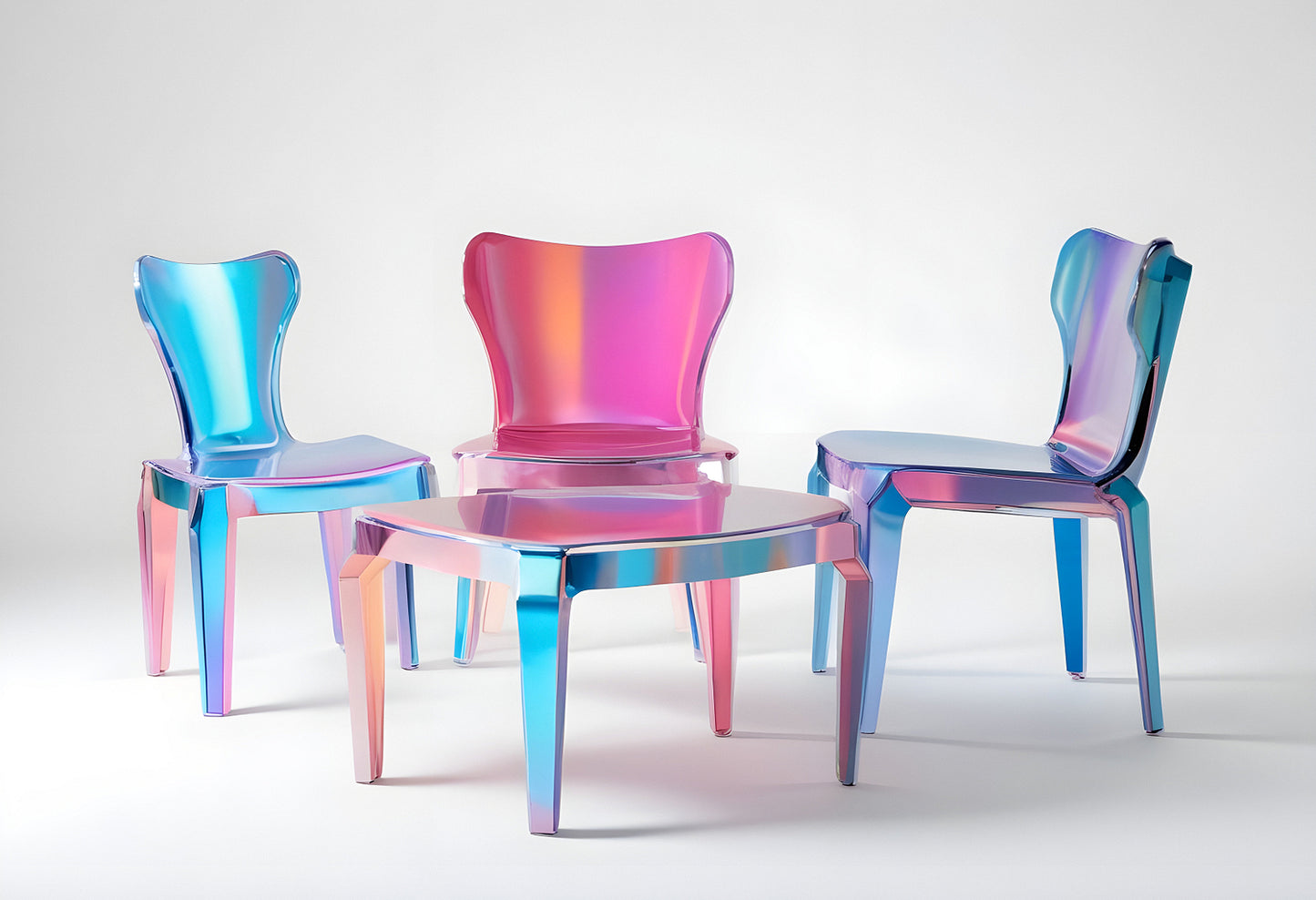 Vibrant holographic chairs and table arranged together in a modern studio setting under soft lighting