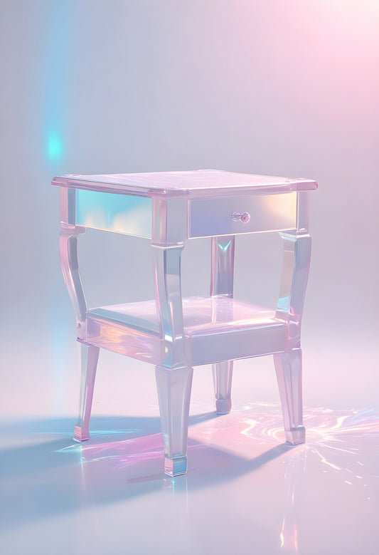 A sleek, translucent side table with a glossy finish standing against a softly illuminated backdrop in pastel colors