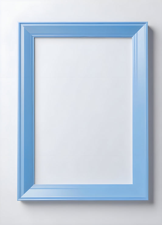 Empty framed blue canvas on a white wall in a minimalist design setting showcasing a modern artistic atmosphere