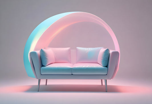 Modern pastel sofa with colorful arch backdrop in a minimalistic studio