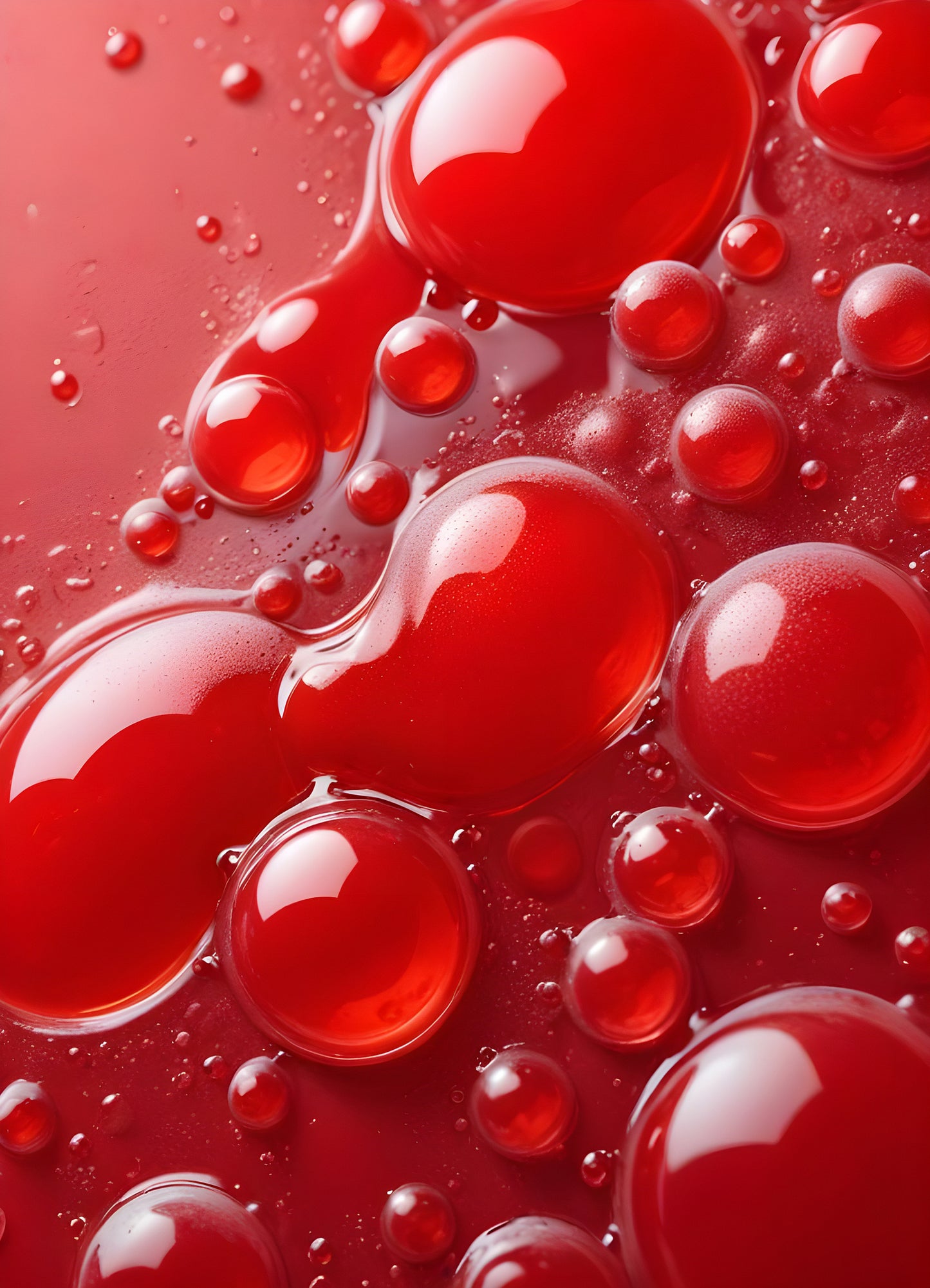 Abstract close-up of red liquid with bubbles and droplets, showcasing the interplay of colors and textures in a vibrant manner. Generative AI