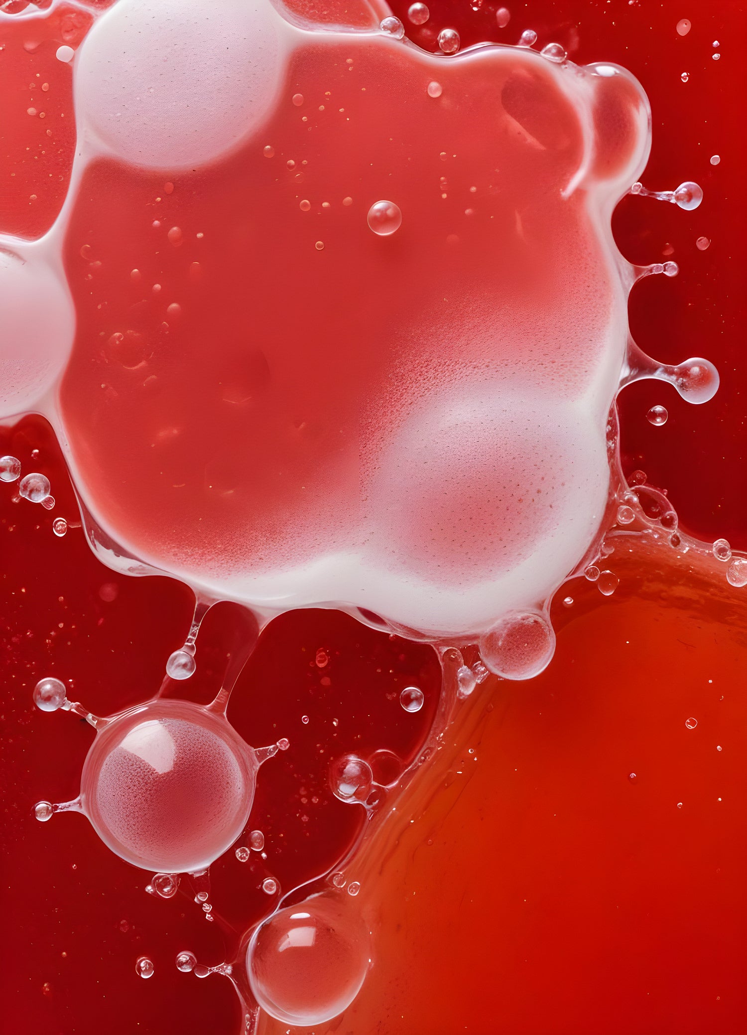 Abstract close-up of red liquid with bubbles and droplets, showcasing the interplay of colors and textures in a vibrant manner. Generative AI