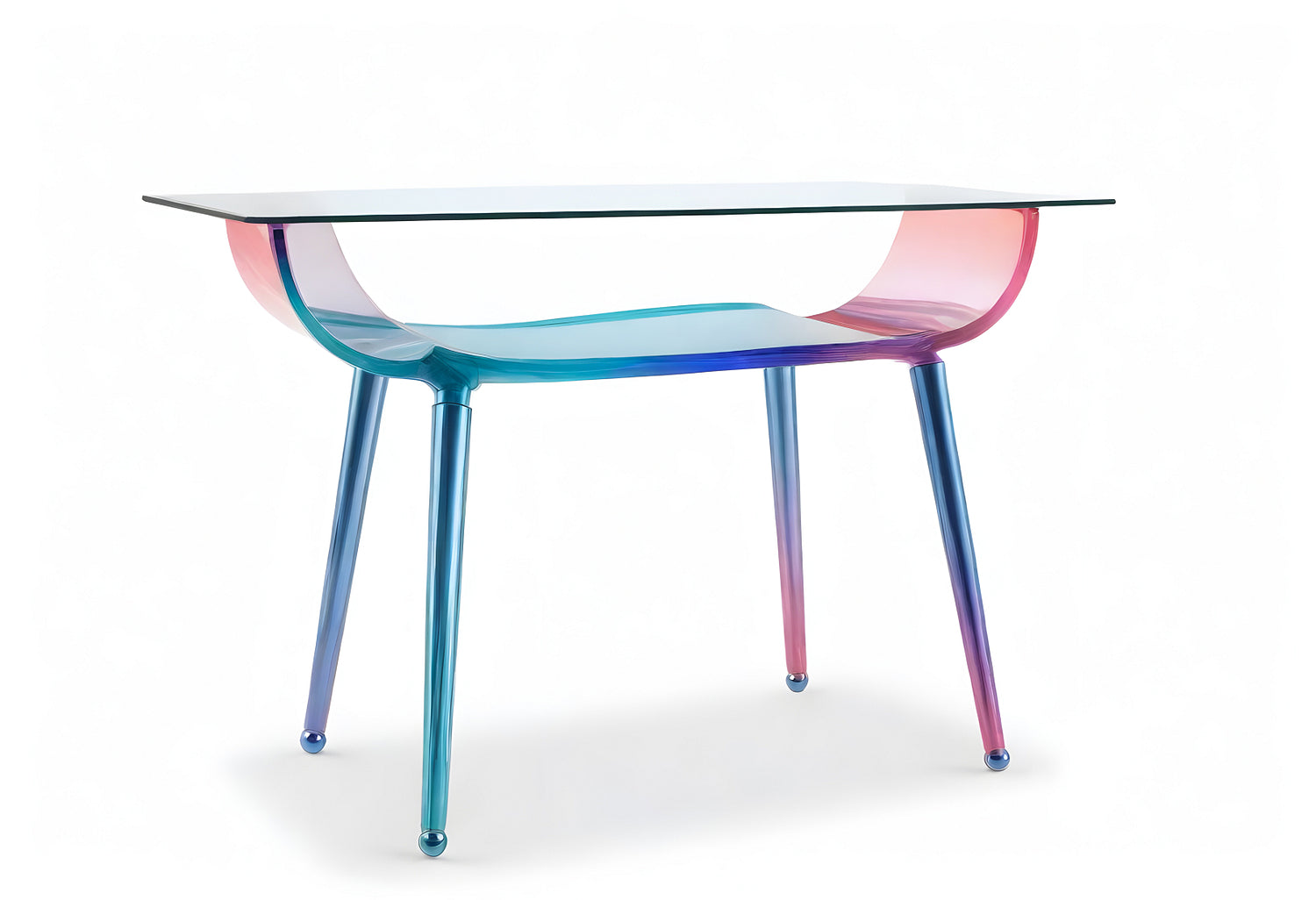 Colorful modern glass table with an innovative design showcasing a gradient effect and sleek lines in a minimalist setting