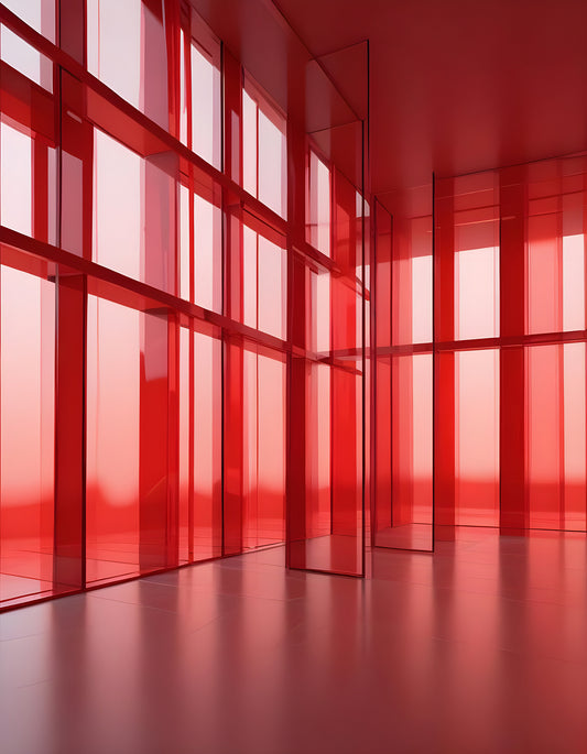 Bright red transparent glass interior space with geometric shapes and reflections during daylight hours. Generative AI