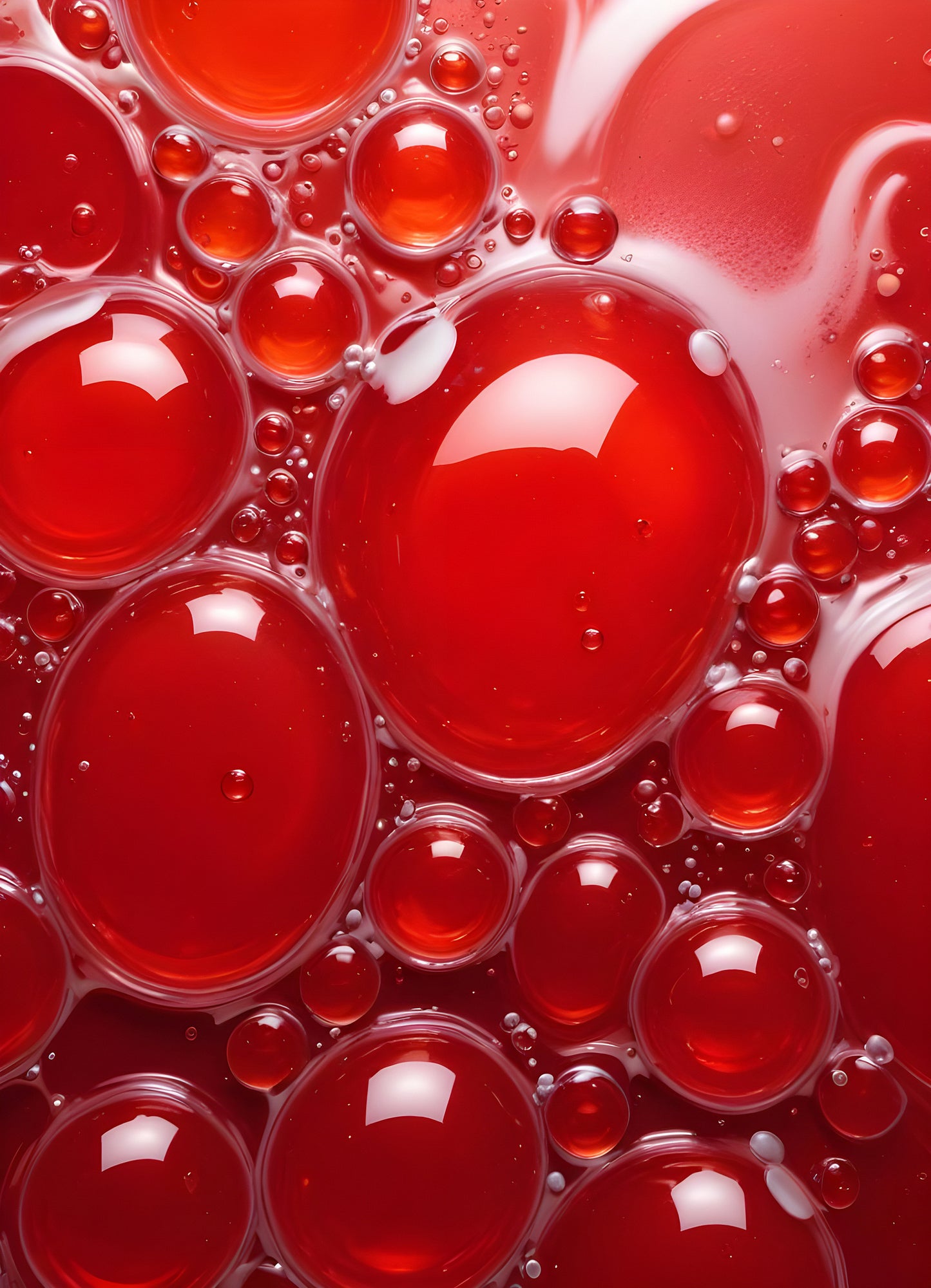 Abstract close-up of red liquid with bubbles and droplets, showcasing the interplay of colors and textures in a vibrant manner. Generative AI