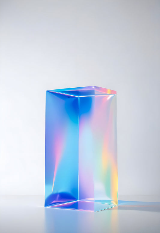 Colorful translucent prism reflecting light with vibrant hues in a minimalist setting