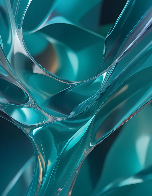 Abstract close-up of flowing teal and glass-like shapes creating mesmerizing patterns and textures in a translucent environment