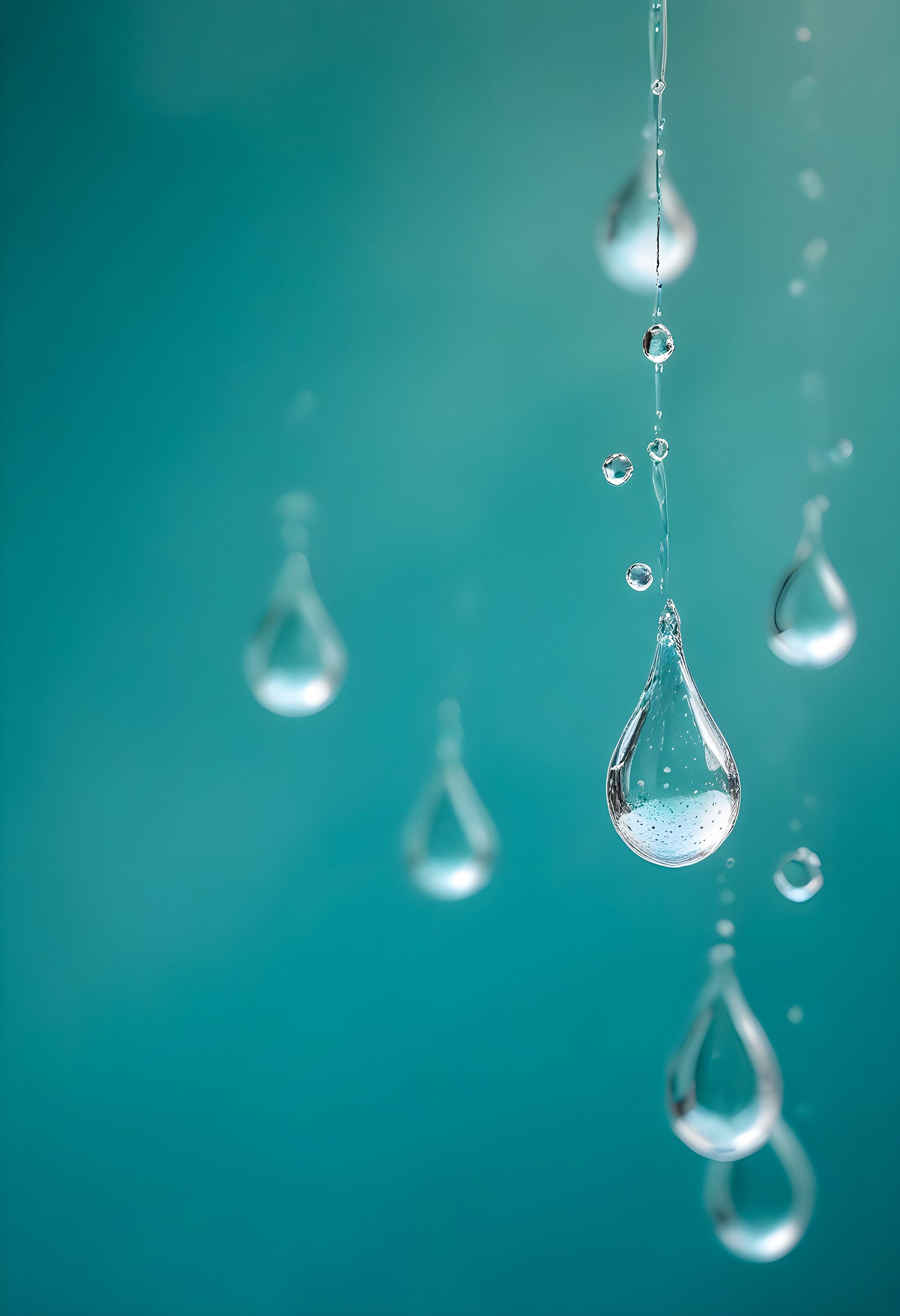 Water droplets on a thin surface with a blurred turquoise background amidst soft light reflections. Generative AI