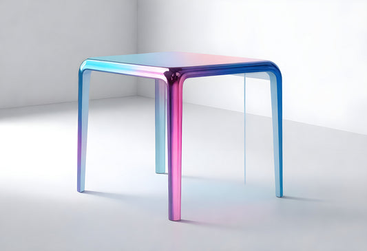 A modern, colorful table with a glossy finish showcased in a minimalist room with bright lighting during the day