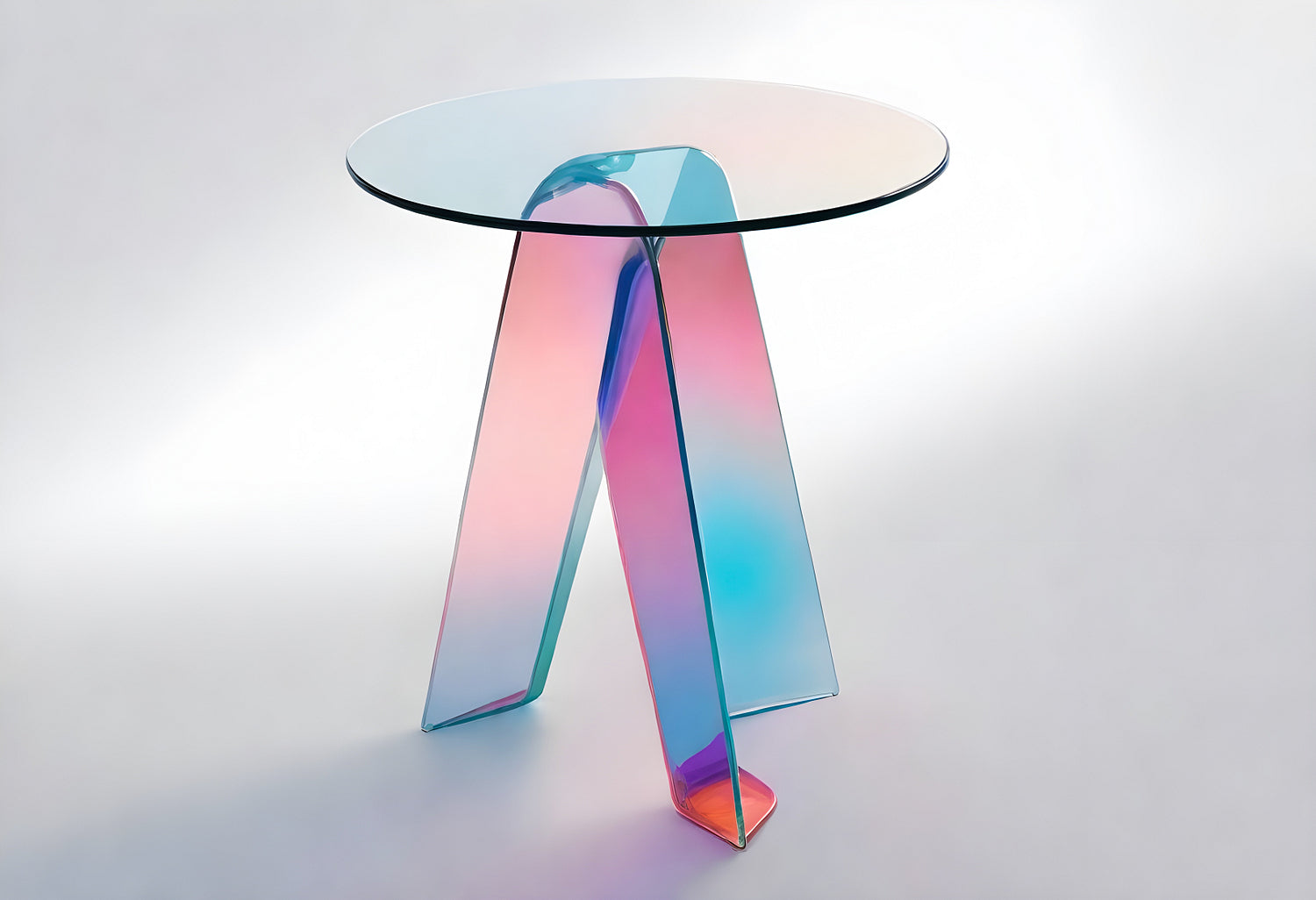 Modern glass table with colorful legs reflecting light in a minimalist indoor setting