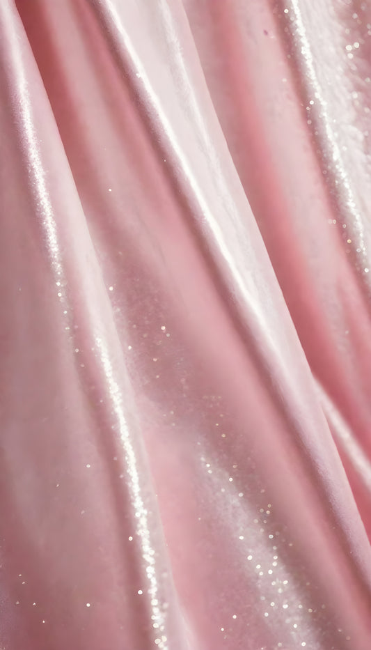 A close-up view of soft, shiny pink fabric draped elegantly, highlighting its smooth texture and sheen, perfect for luxurious designs