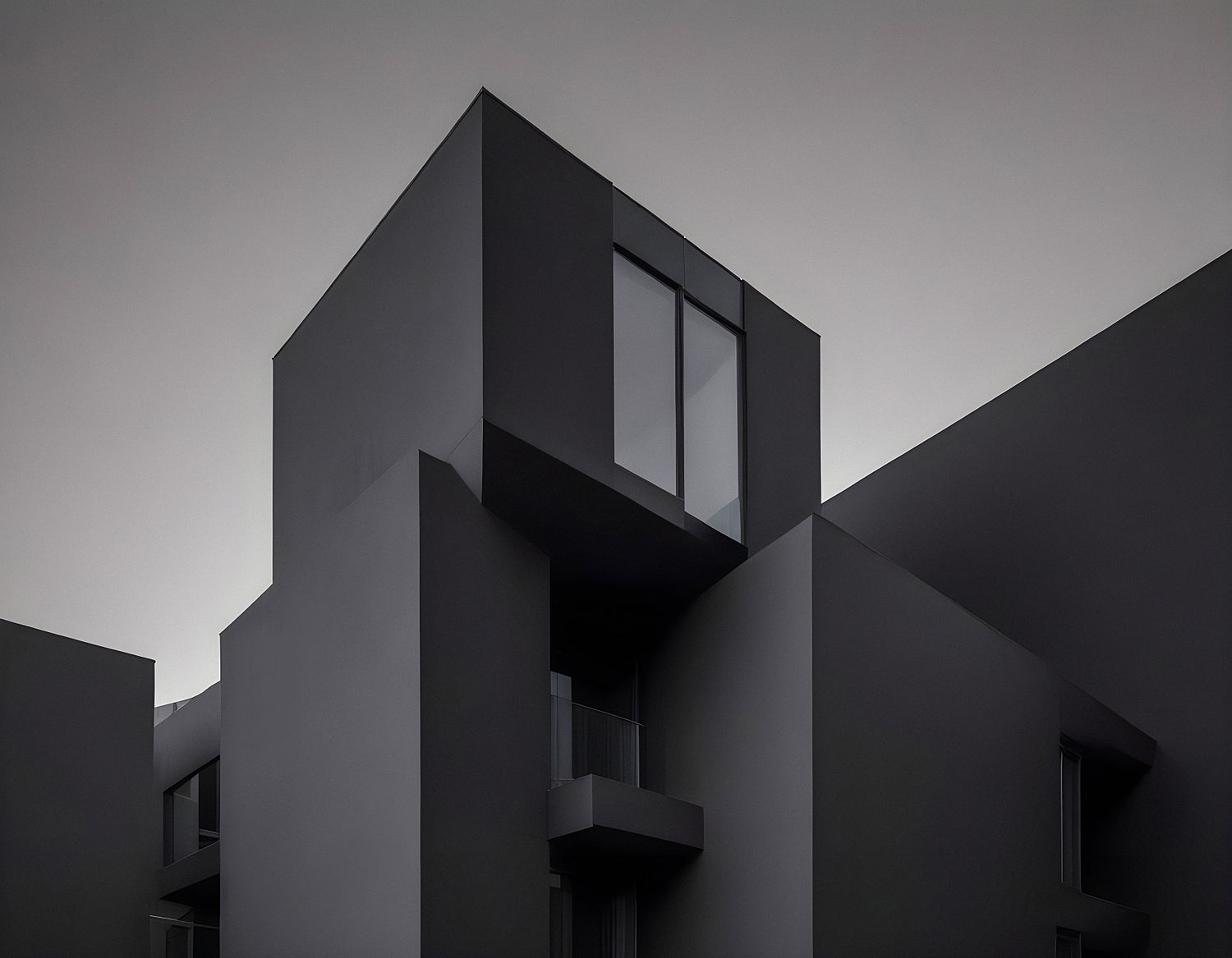 Modern minimalist architecture showcasing sleek black structures against a moody sky during twilight