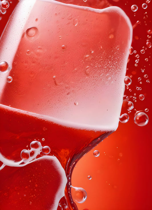 Abstract close-up of red liquid with bubbles and droplets, showcasing the interplay of colors and textures in a vibrant manner. Generative AI