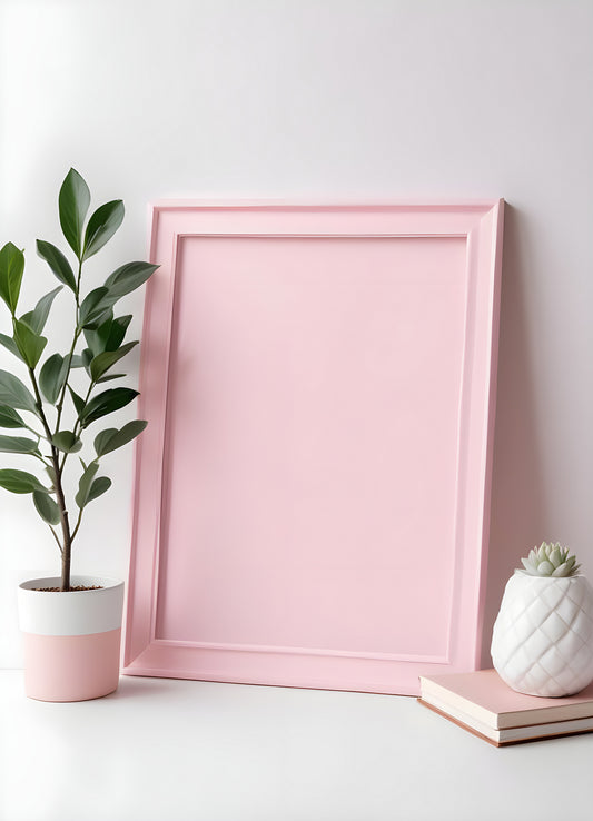 A simple pink frame stands against a white wall next to a potted plant and decorative items on a wooden table