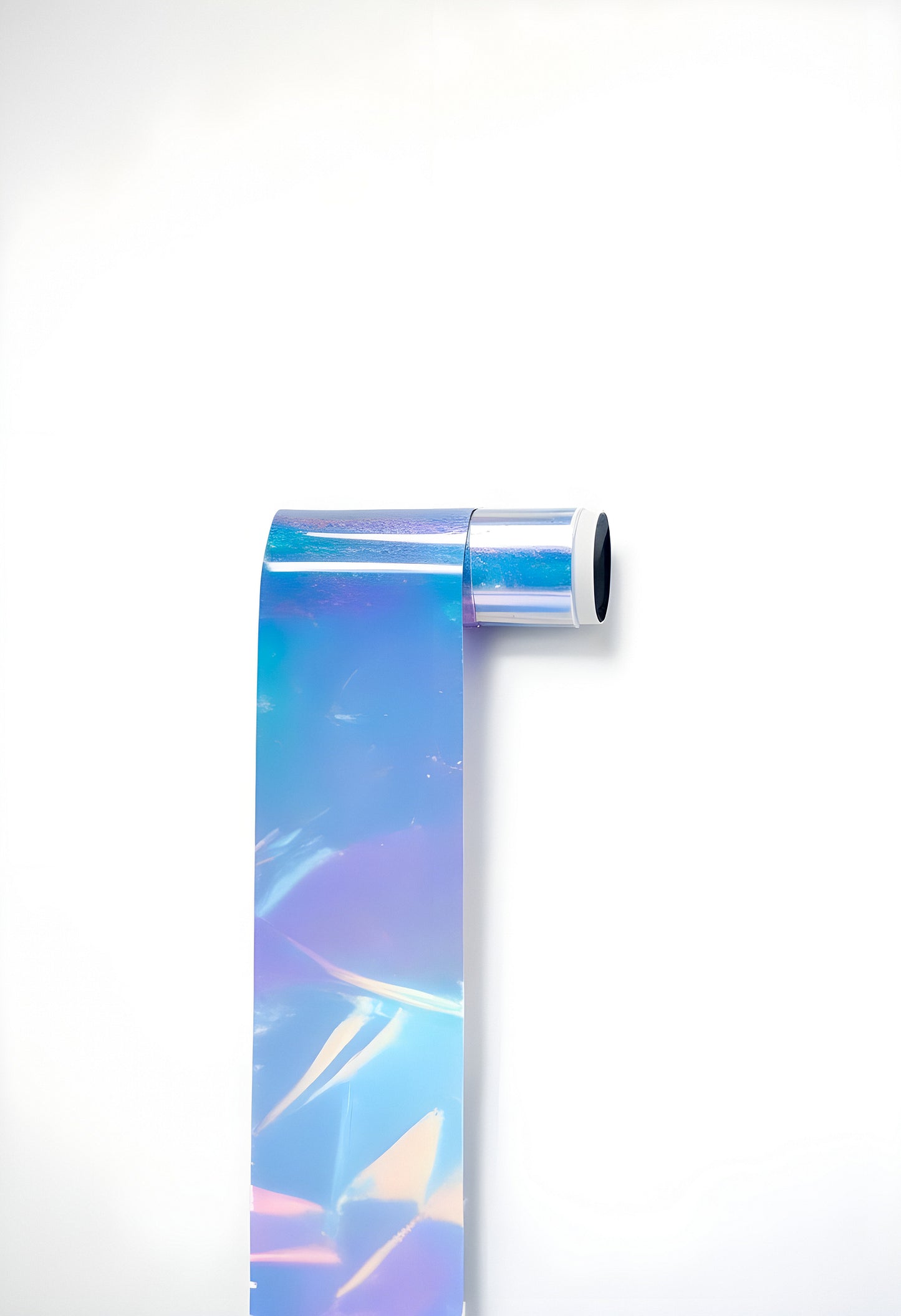 Shiny holographic wrapping paper roll displayed against a white background, showcasing shimmering colors and modern design elements