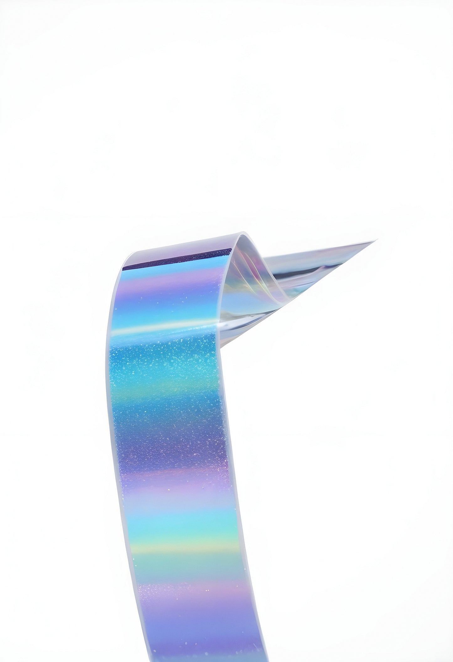 Colorful holographic ribbon curled into a pointed shape against a plain white background