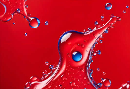 Close-up view of red liquid droplets on a vibrant red background highlighting texture and reflection