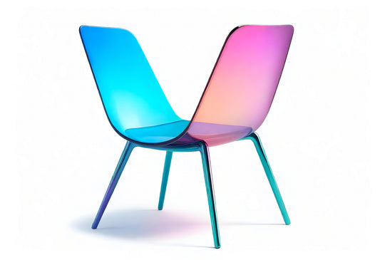 A vibrant, modern chair showcasing a gradient of blue and pink colors, perfect for contemporary home decor in an indoor setting