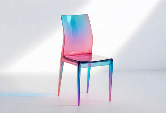 A modern transparent chair with a vibrant gradient design showcasing pink and blue hues in a well-lit room