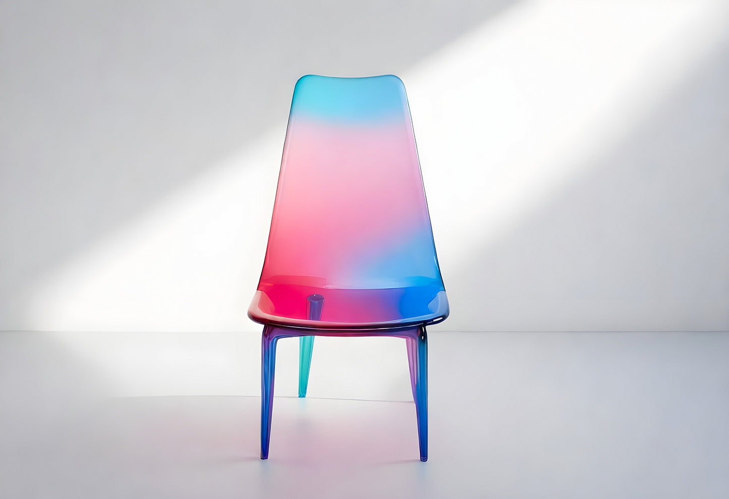 Colorful gradient chair displayed against a simple white background with soft natural light highlighting its unique design