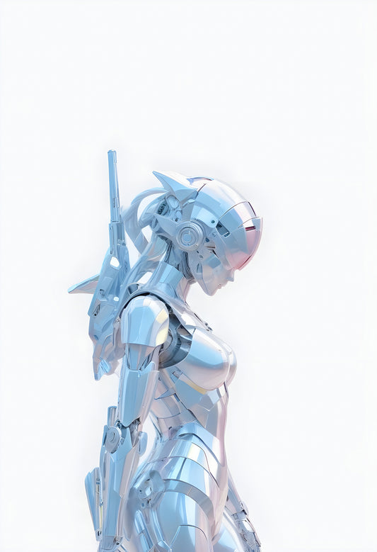 Futuristic robotic figure standing in profile against a minimalistic white background with sleek metallic features and integrated weapons