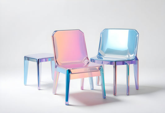 Modern transparent chairs with iridescent colors displayed against a minimalist backdrop for contemporary interior design