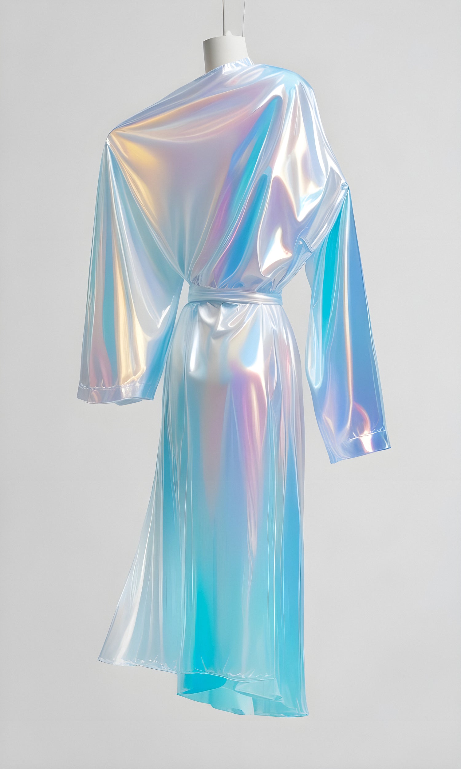 Ethereal holographic dress displayed on a mannequin against a minimalist background, showcasing a futuristic design and iridescent fabric